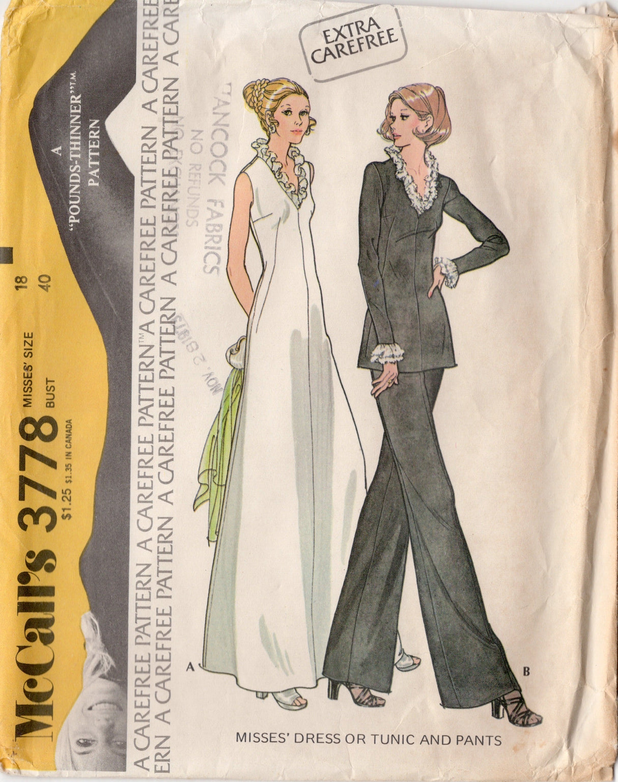 1970's McCall's Maxi Dress or Tunic and Pants Pattern - Bust 40" - No. 3778