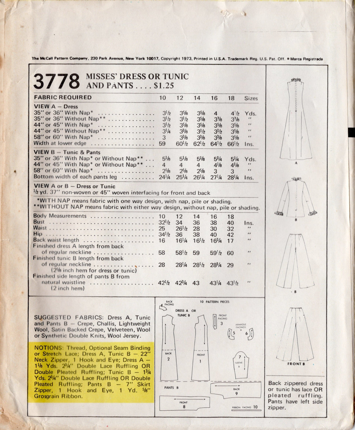 1970's McCall's Maxi Dress or Tunic and Pants Pattern - Bust 40" - No. 3778