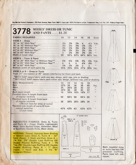 1970's McCall's Maxi Dress or Tunic and Pants Pattern - Bust 40" - No. 3778