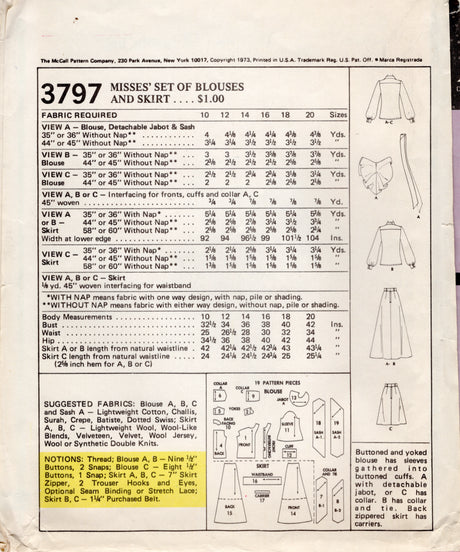 1970's McCall's Set of Button Up Blouses and A line Skirt Pattern - Bust 42" - No. 3797