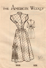 1950's American Weekly Fit and Flare Dress Pattern with Standing Collar and Drop Shoulders with Cuffs or Sleeves - Bust 34" - No. 3800