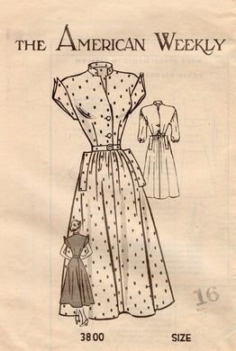 1950's American Weekly Fit and Flare Dress Pattern with Standing Collar and Drop Shoulders with Cuffs or Sleeves - Bust 34