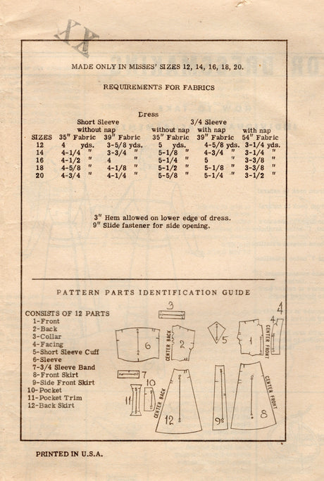 1950's American Weekly Fit and Flare Dress Pattern with Standing Collar and Drop Shoulders with Cuffs or Sleeves - Bust 34" - No. 3800