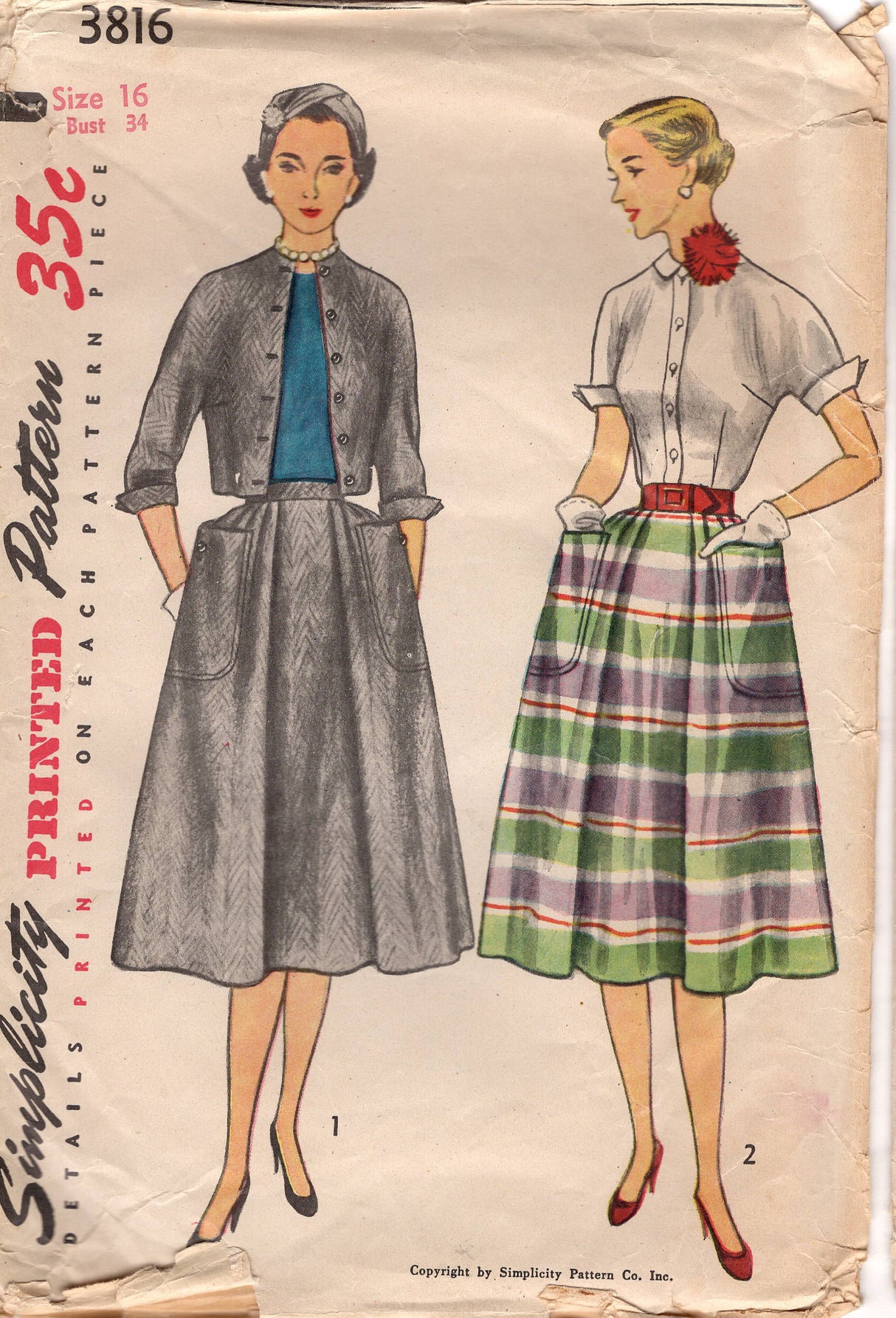 1950's Simplicity Full pleated Skirt and Jacket-Blouse with Kimono Sleeves Pattern - Bust 34" - No. 3816