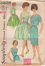 1960's Simplicity One Piece Dress with Jacket and with Two Skirt options - Bust 32" - No. 3929