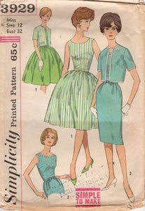 1960's Simplicity One Piece Dress with Jacket and with Two Skirt options - Bust 32" - No. 3929