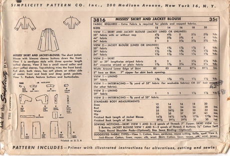 1950's Simplicity Full pleated Skirt and Jacket-Blouse with Kimono Sleeves Pattern - Bust 34" - No. 3816