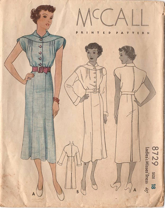 1930's McCall One Piece Shirtwaist with Draped Back and Tucked Bodice in Two Sleeve Lengths - Bust 36