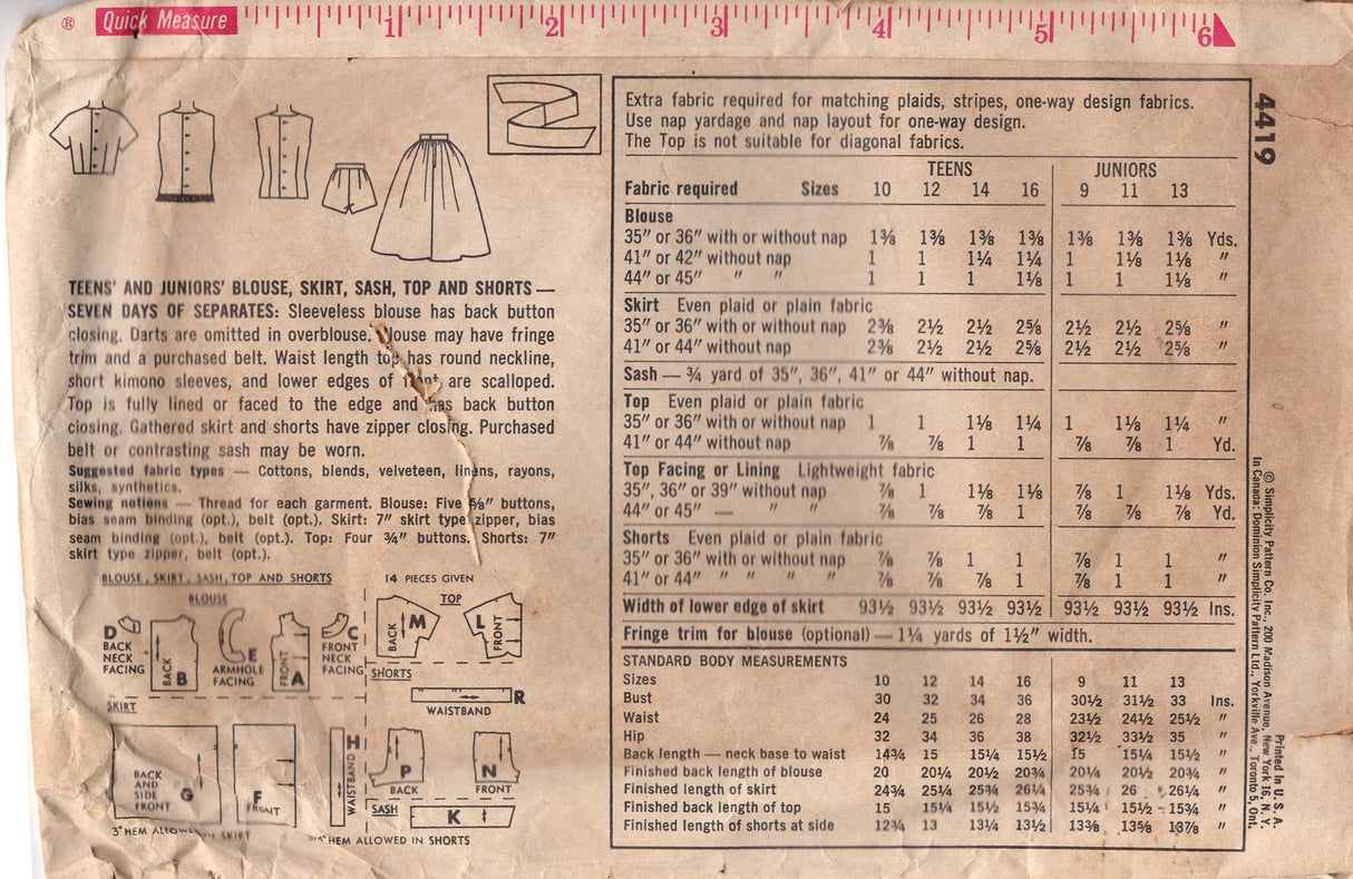 1960's Simplicity Blouse, Skirt, Sash, Top and Shorts Pattern - Bust 32" - No. 4419