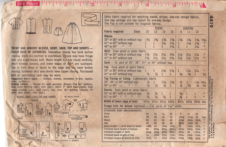 1960's Simplicity Blouse, Skirt, Sash, Top and Shorts Pattern - Bust 32" - No. 4419
