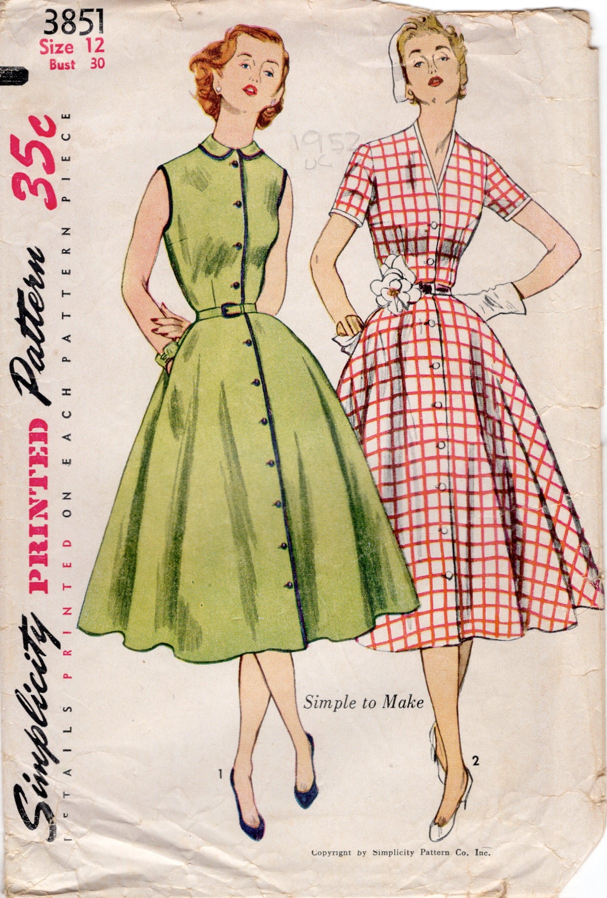 1950's Simplicity Button Up Dress Pattern with Two Necklines - Bust 30" - No. 3851