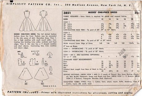 1950's Simplicity Button Up Dress Pattern with Two Necklines - Bust 30" - No. 3851