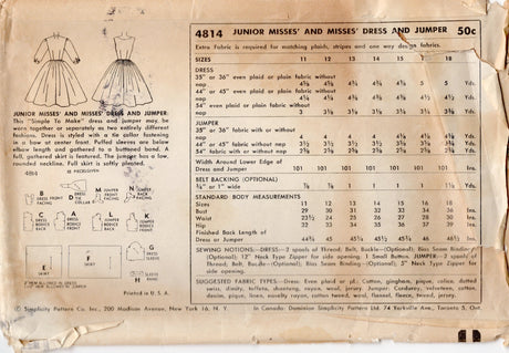 1950's Simplicity Pussy Bow Dress and Jumper Dress Pattern - Bust 31" - No. 4814