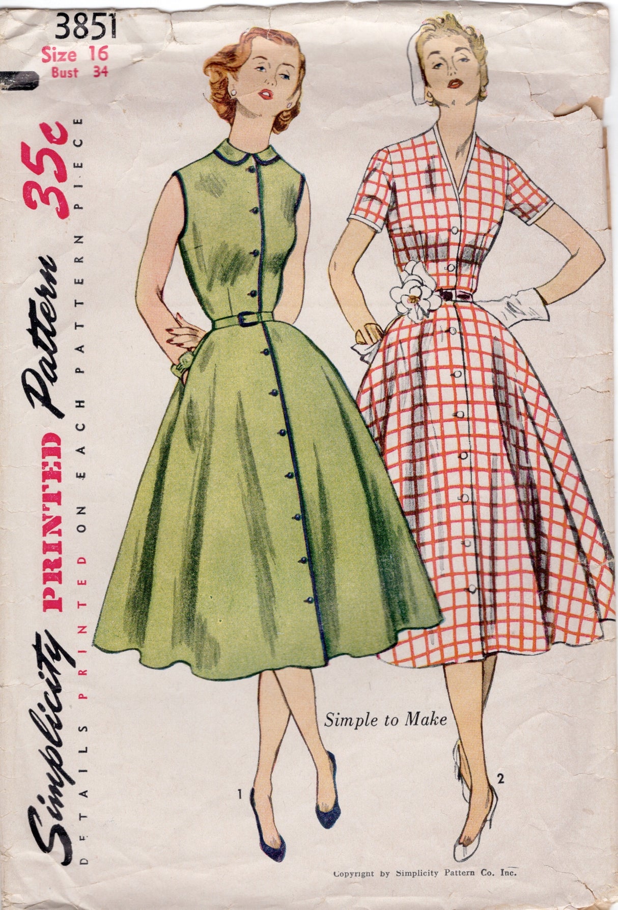 1950’s Simplicity Button Up Dress with Two Necklines Pattern - Bust 34” -  No. 3851