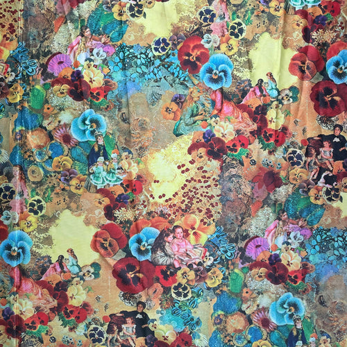 1970's Bright Pansies Floral Print with Victorian People and Dogs Brushed Polyester Fabric - BTY