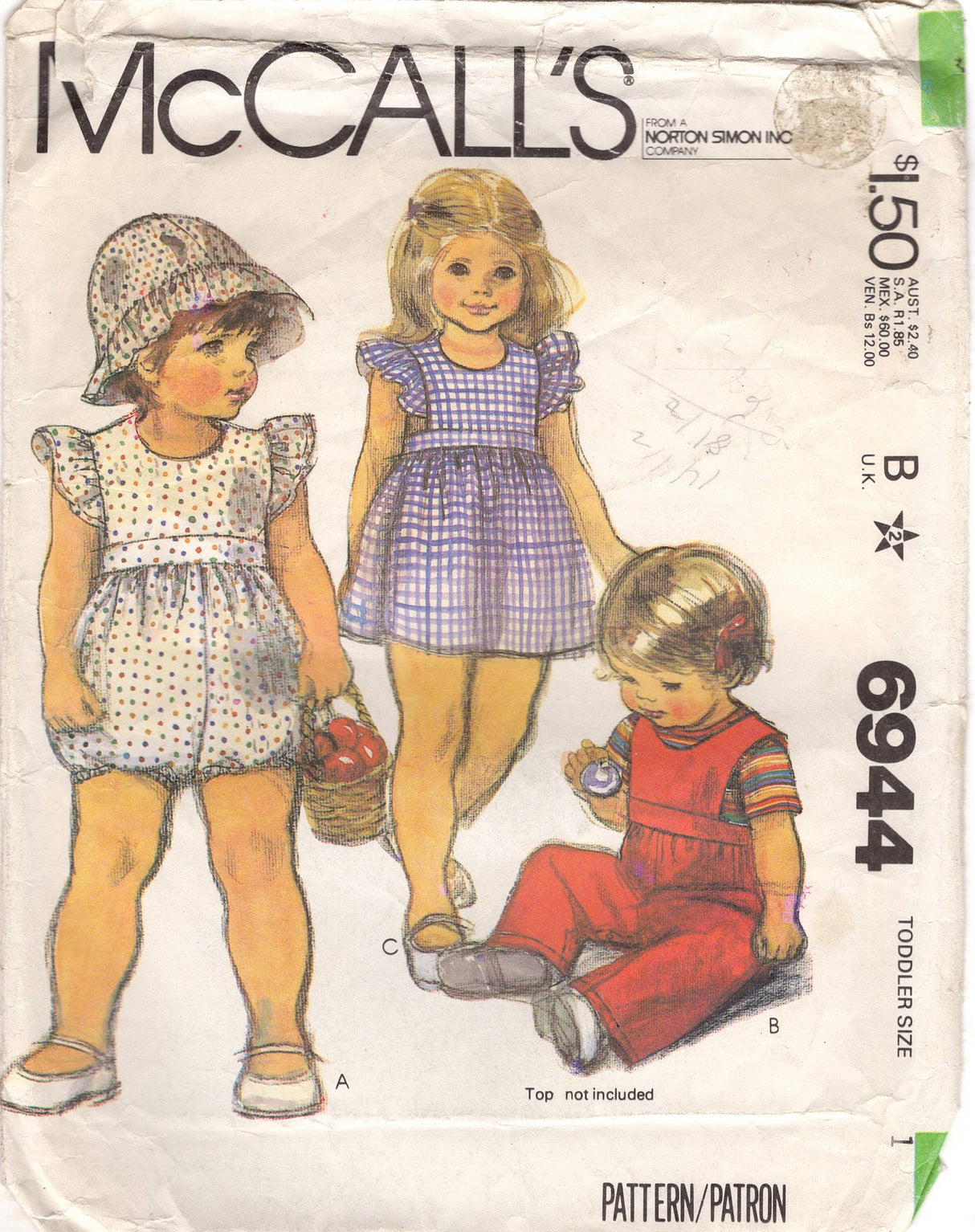 1980's McCall's Child's Hat and Jumpsuit, Romper or Jumper Dress Pattern with Ruffle Accent - Size 1 - Chest 20"  - No. 6944