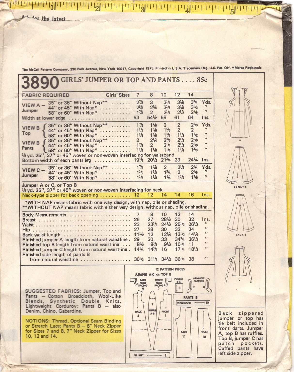 1970's McCall's Child's Pinafore or Jumper Dress and Pants Pattern - Chest 30" - No. 3890