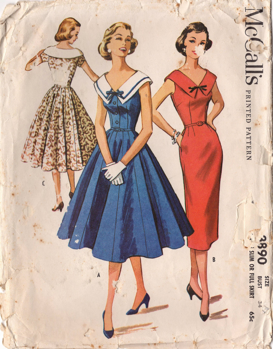 1950’s McCall's Large Collar Sheath or Fit and Flare Dress Pattern with 16 gore skirt - Bust 34” - No. 3890