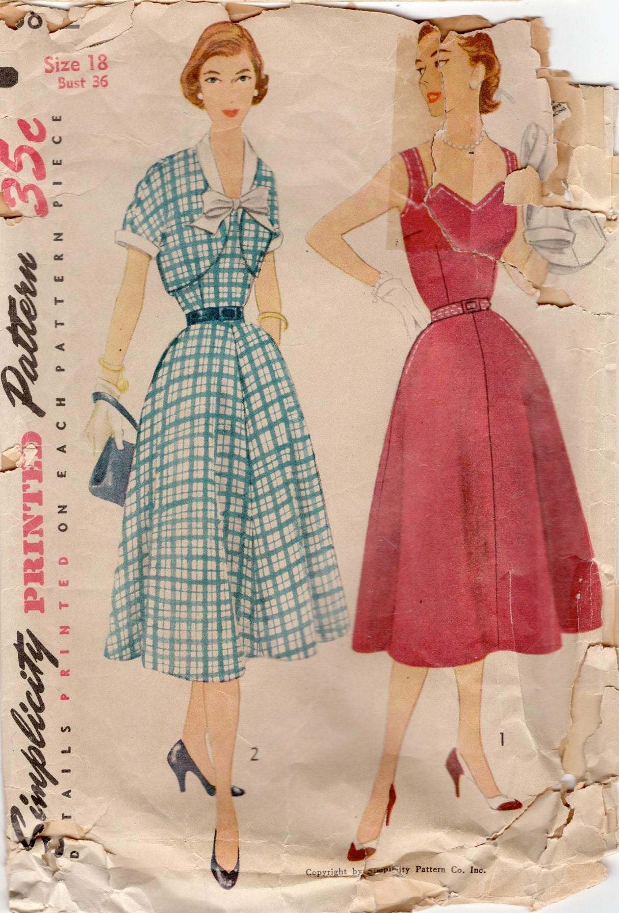 1950’s Simplicity One Piece Dress Pattern with Notched Neckline and Bolero - Bust 36" - No. 3892