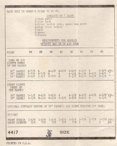 1940's Anne Adams Shirtwaist Dress Pattern with Accent Bodice Panels - Bust 36" - No. 4417