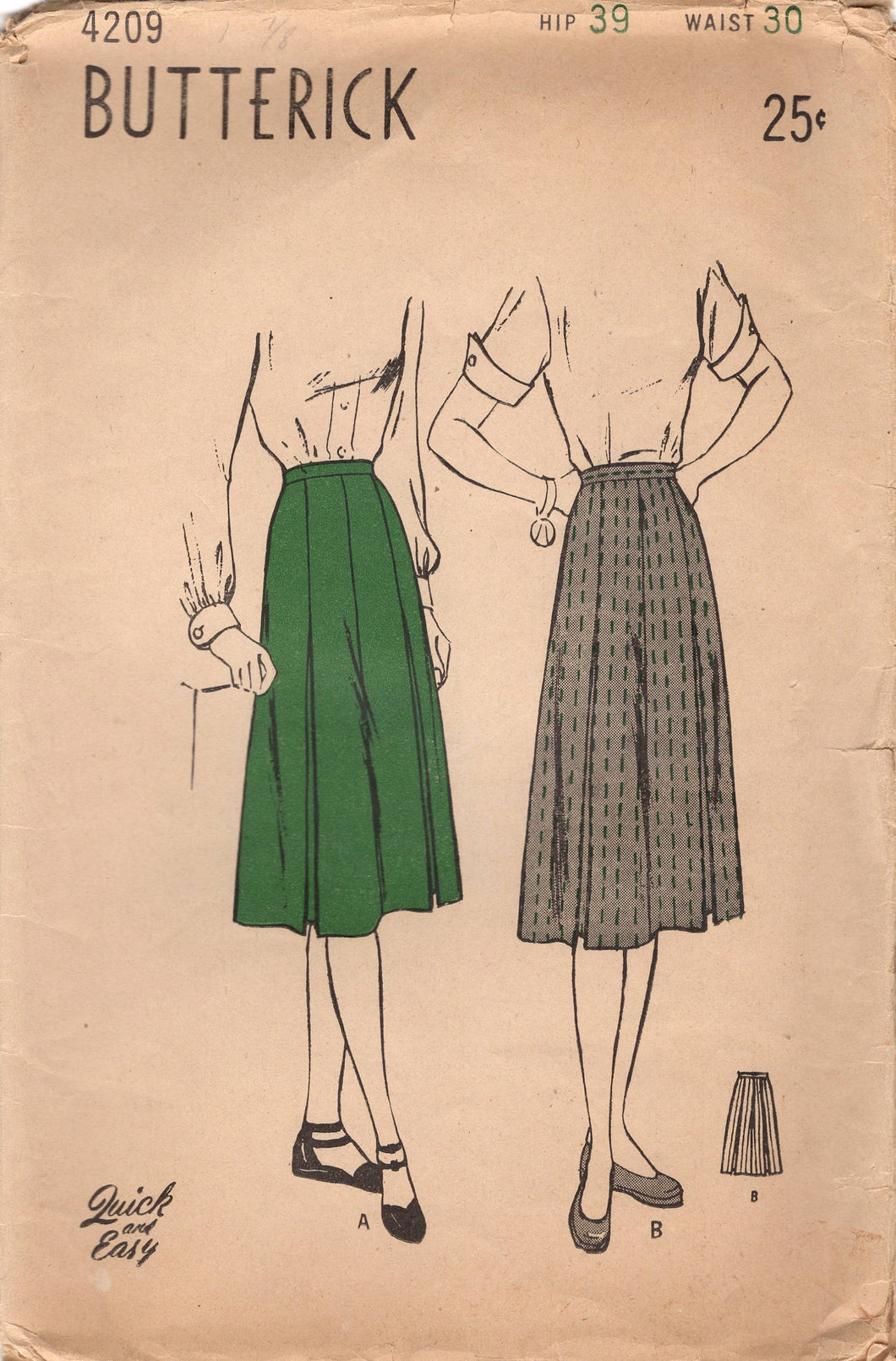1940's Butterick Box Pleated Skirt Pattern - Waist 30