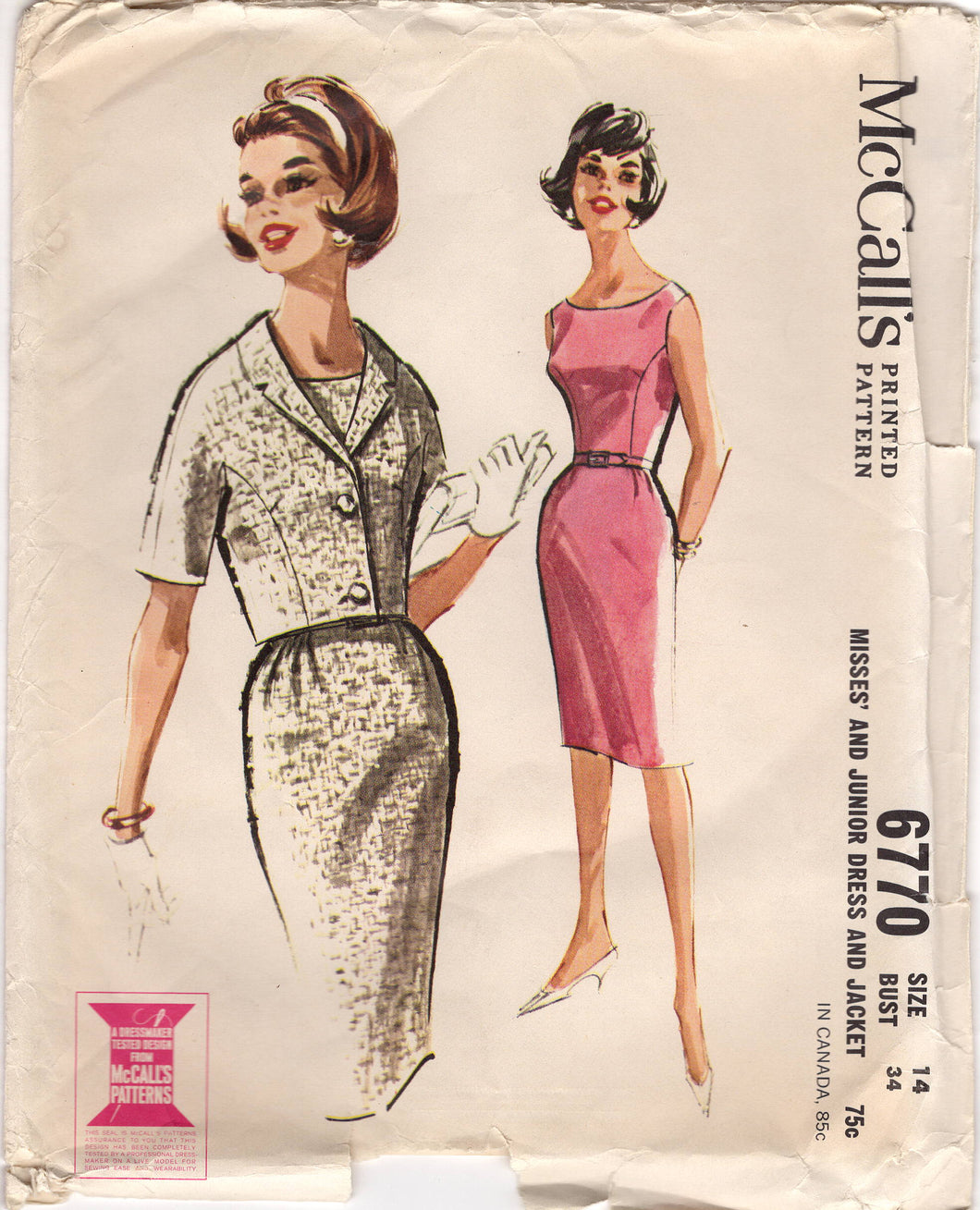 1960's McCall's Sheath Dress and Jacket with sleeves Pattern - Bust 34