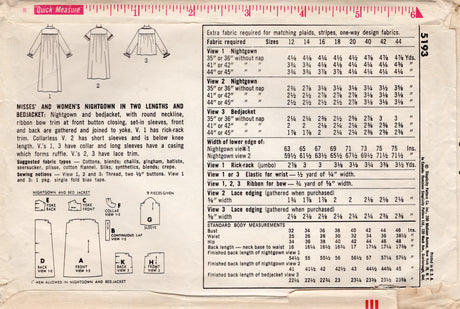 1960's Simplicity Nightgown and Bed Jacket Pattern - Bust 36" - No. 5193
