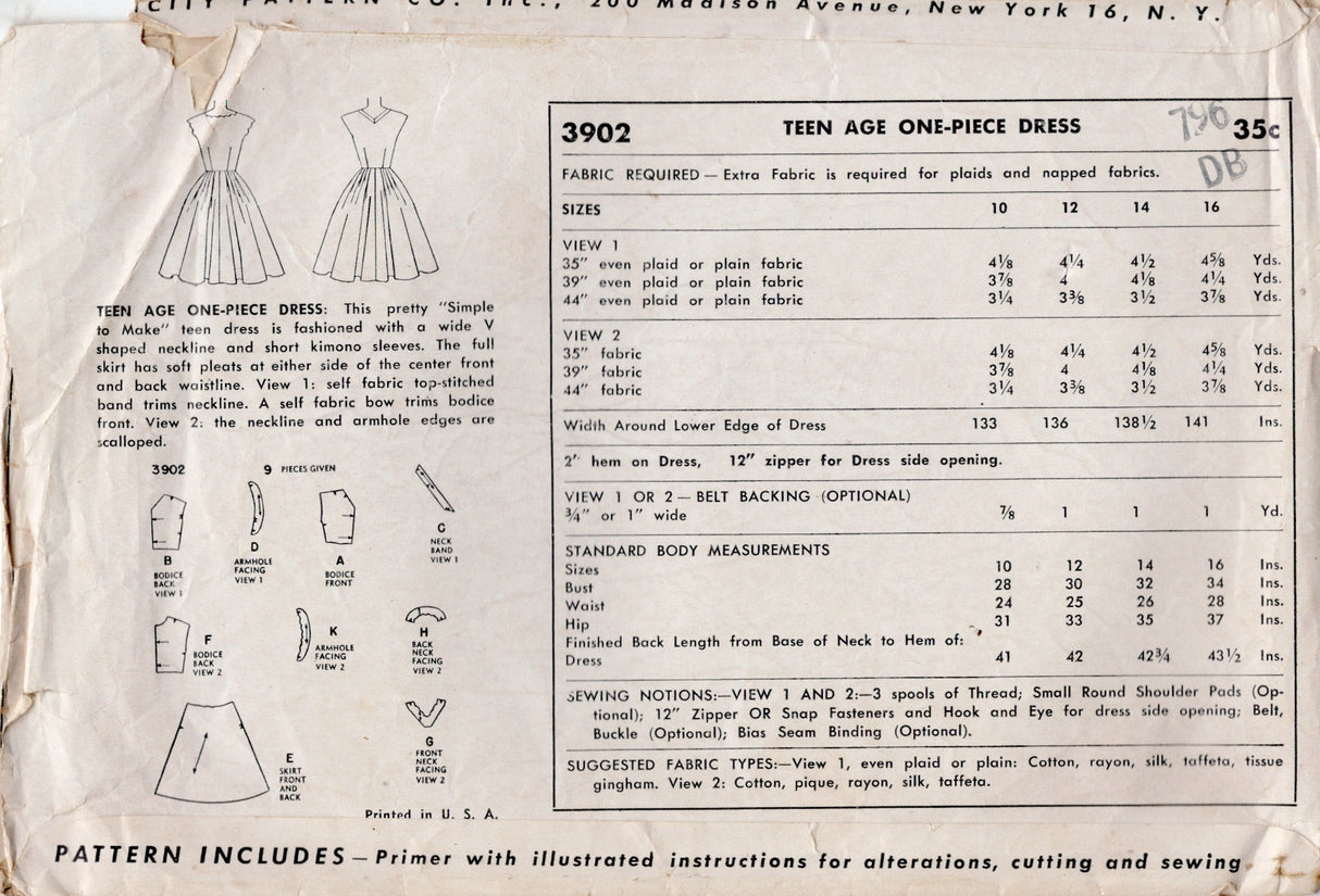 1950’s Simplicity One Piece Dress Pattern with Full Skirt and Scallop Neckline - Bust 30" - No. 3902