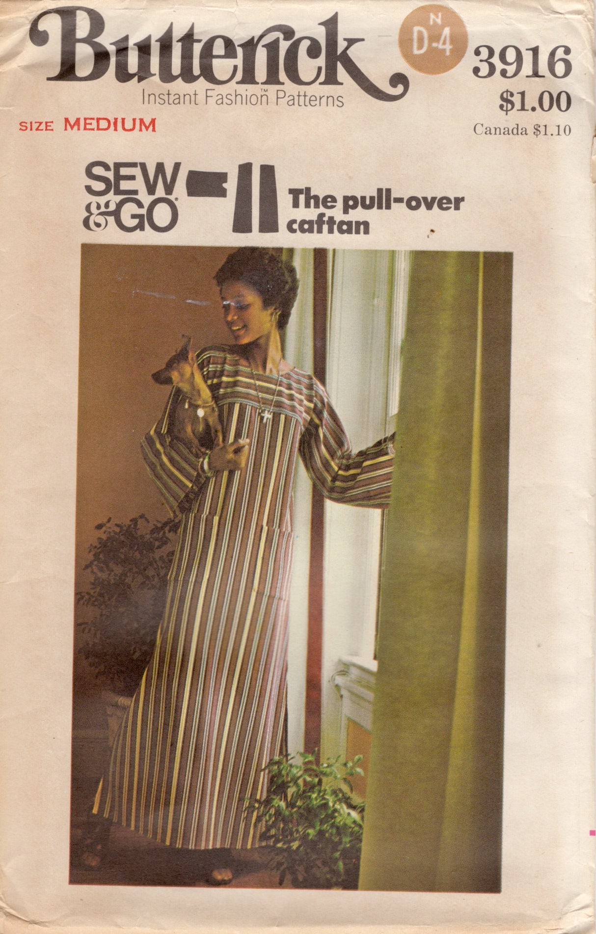 1970's Butterick Pull-Over Caftan Pattern - Bust 34-36" - No. 3916