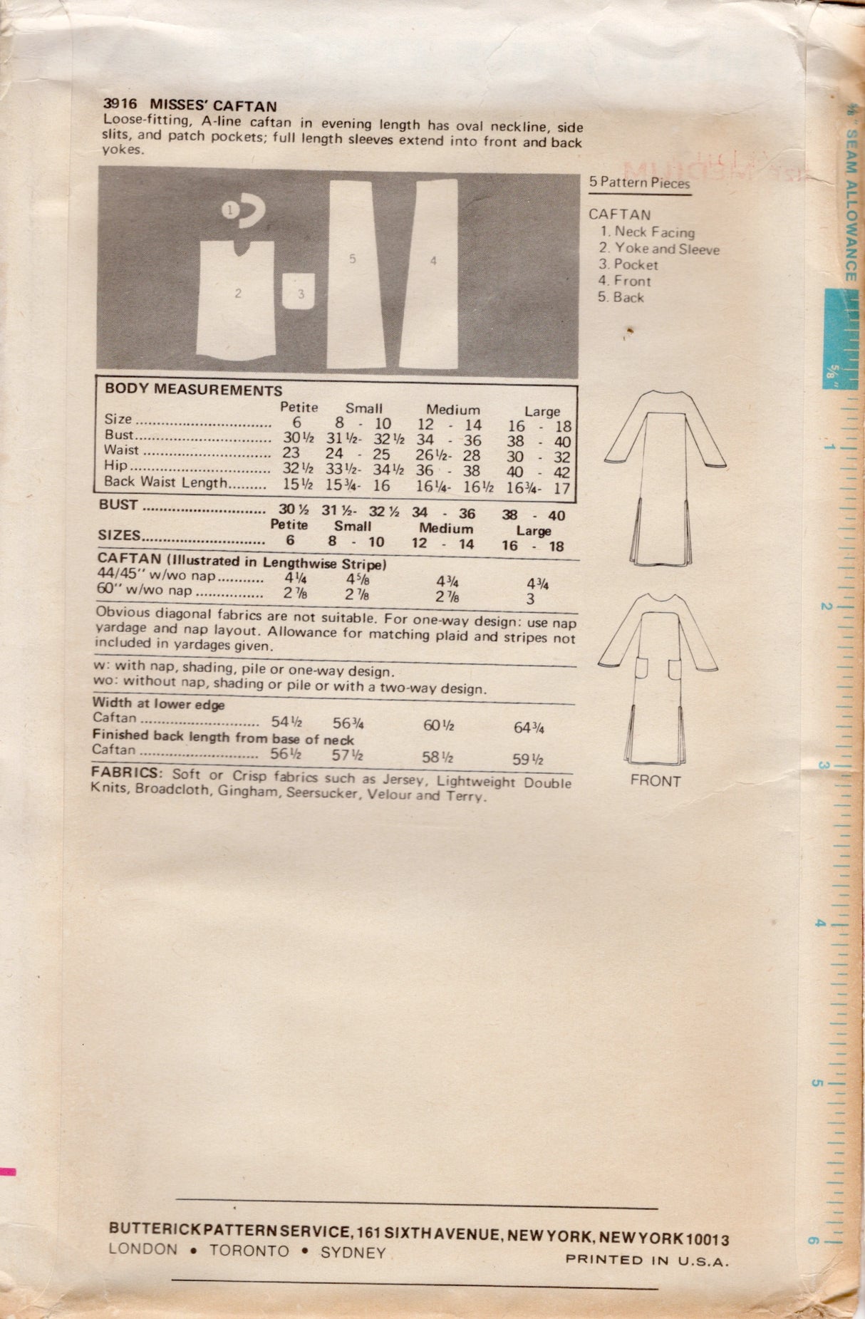 1970's Butterick Pull-Over Caftan Pattern - Bust 34-36" - No. 3916