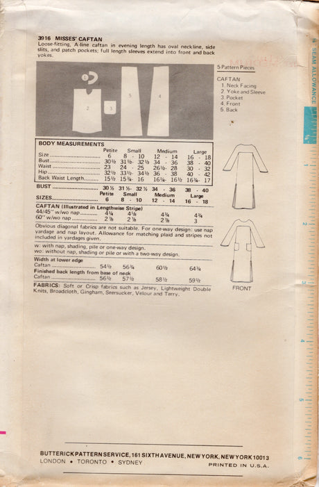 1970's Butterick Pull-Over Caftan Pattern - Bust 34-36" - No. 3916