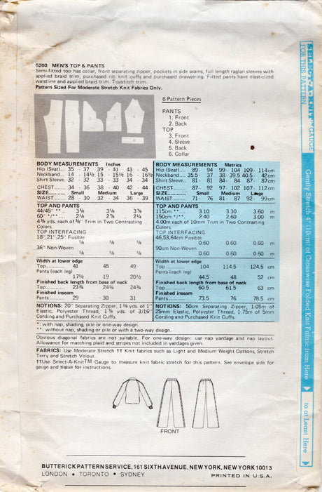1970's Butterick Men's Track Suit Pattern - Chest 38-40" - No. 5200