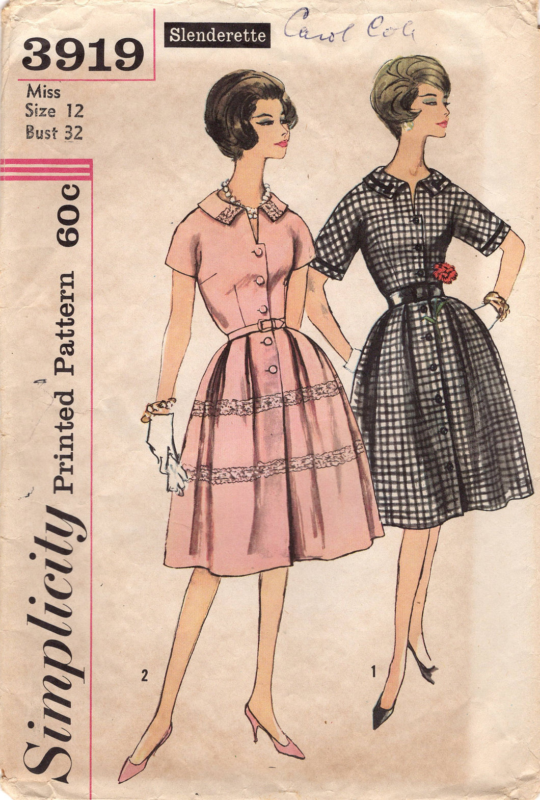 1960's Simplicity Button Up Fit and Flare Dress pattern with Kimono Sleeves - Bust 32