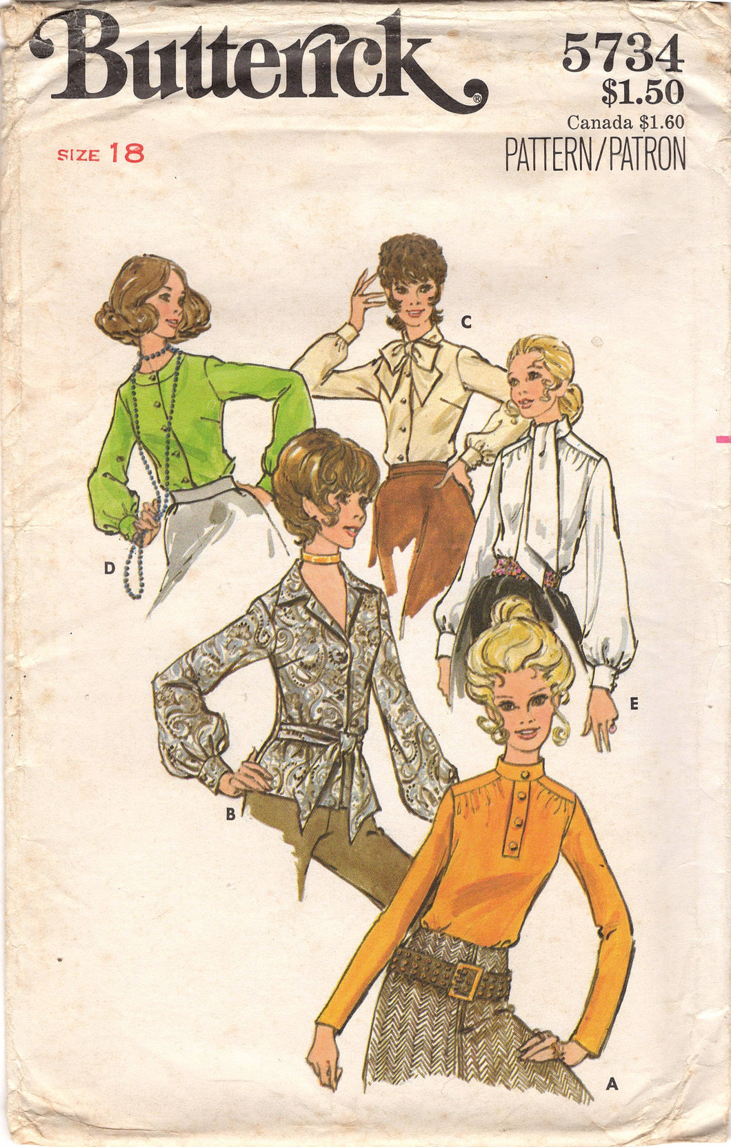 1970's Butterick Button Up Blouse with Full Sleeves and 5 styles of Collar - Bust 40