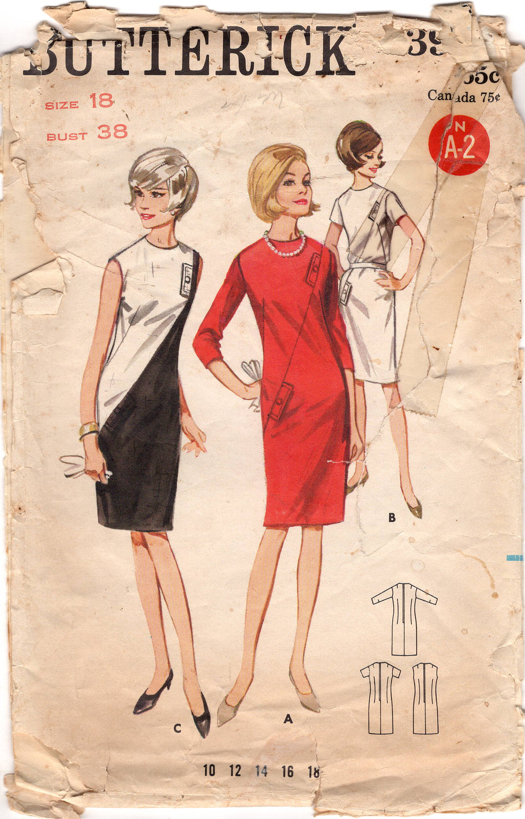 1960's Butterick Shift Dress with Diagonal Front Panel Pattern - Bust 38