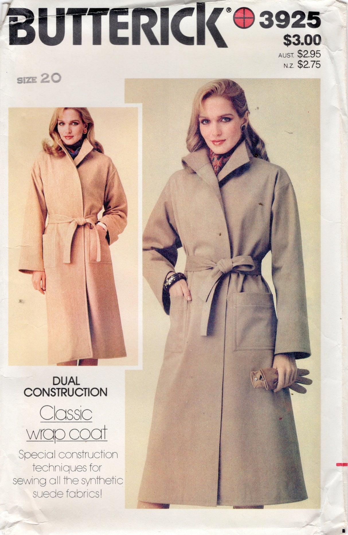 1980's Butterick Coat and Belt Pattern - Bust 42" - No. 3925