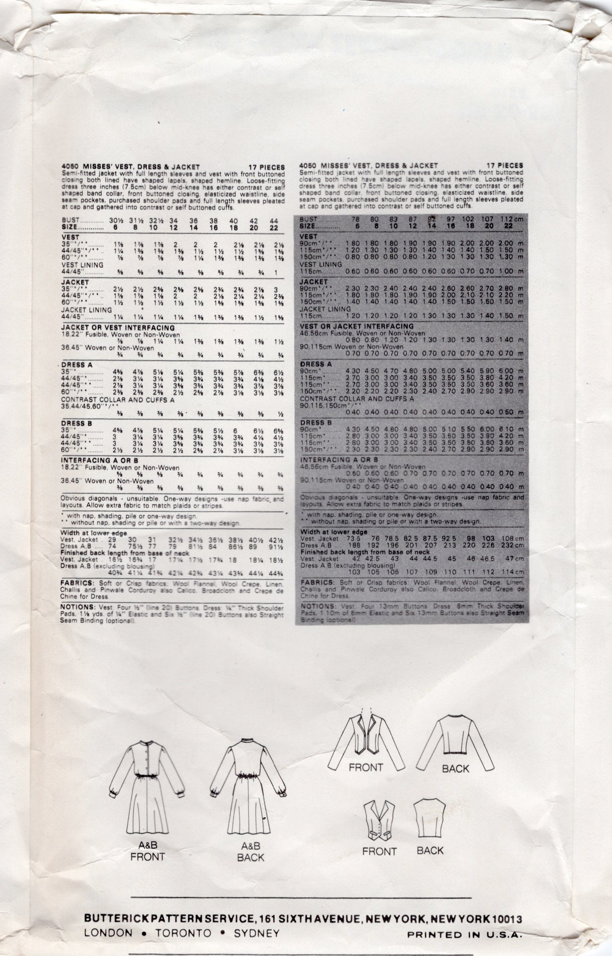 1980's Butterick Shirtwaist Dress, Vest and Jacket Pattern - Bust 40-44" - No. 4050