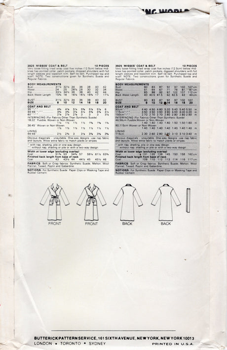 1980's Butterick Coat and Belt Pattern - Bust 42" - No. 3925