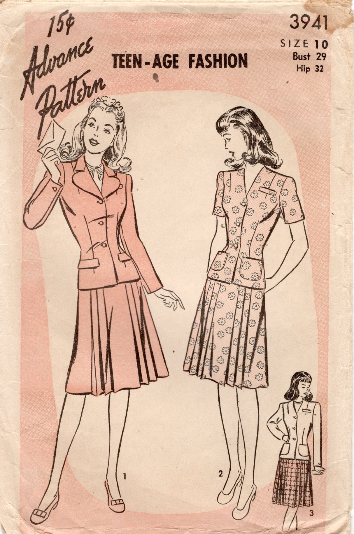 1940's Advance Teen-age Two Piece Suit Dress - Bust 29" - No. 3941