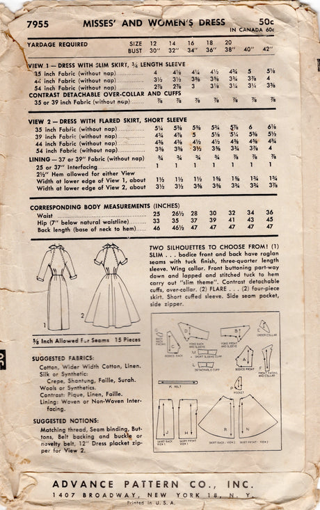 1950's Advance One Piece Dress with Raglan Sleeves with Slim or Flared Skirt - Bust 32" - No. 7955