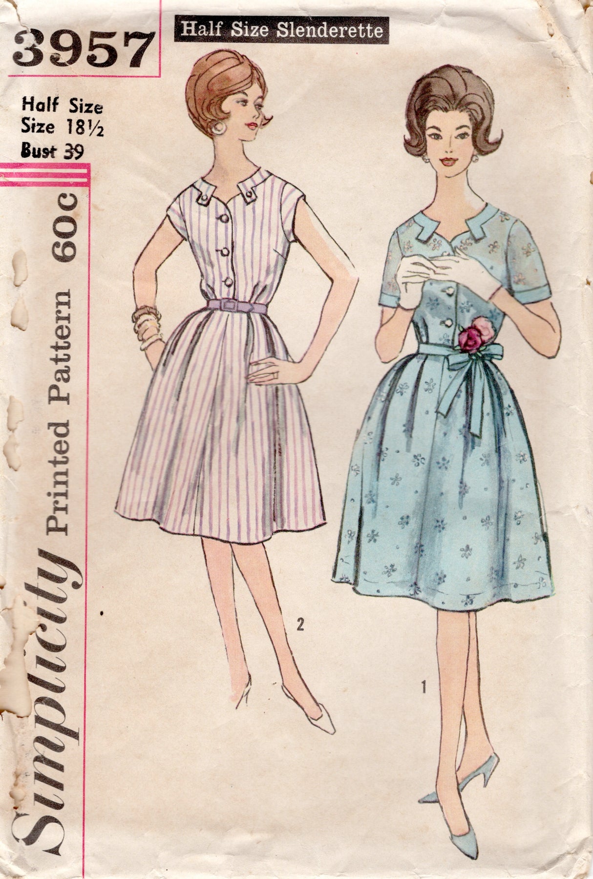 1960's Simplicity Shirtwaist Dress with Banded Accent at Neckline Pattern- Bust 39" - No. 3957