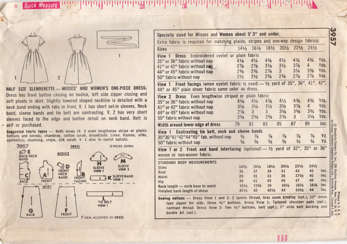 1960's Simplicity Shirtwaist Dress with Banded Accent at Neckline Pattern- Bust 39" - No. 3957