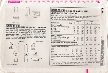 1960's Simplicity Child's Jiffy Jumpsuit Pattern in Tow Lengths - Chest 21" - No. 7154