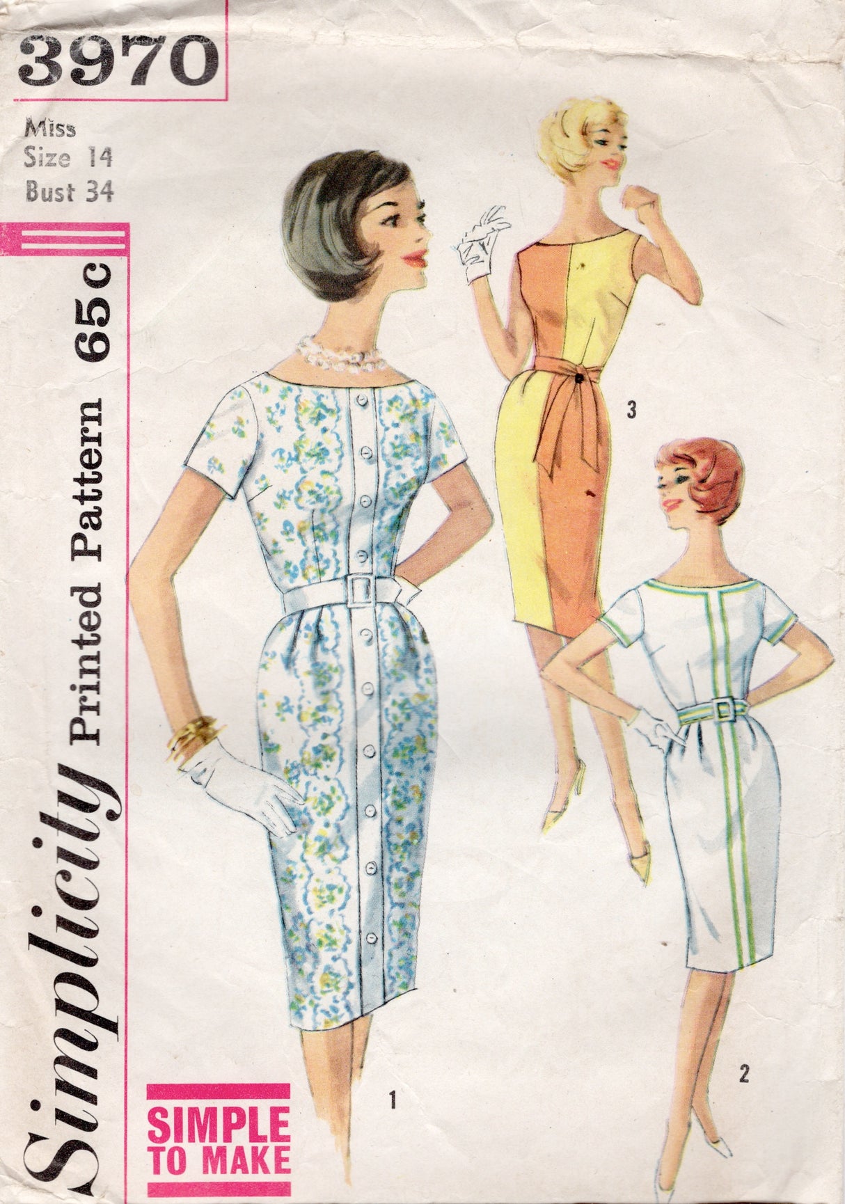 1960's Simplicity Sheath Dress and Belt Pattern - Bust 34" - No. 3970