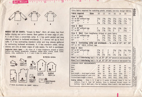 1960’s Simplicity Button Up Blouse Pattern - Bust 34" - No. 4056