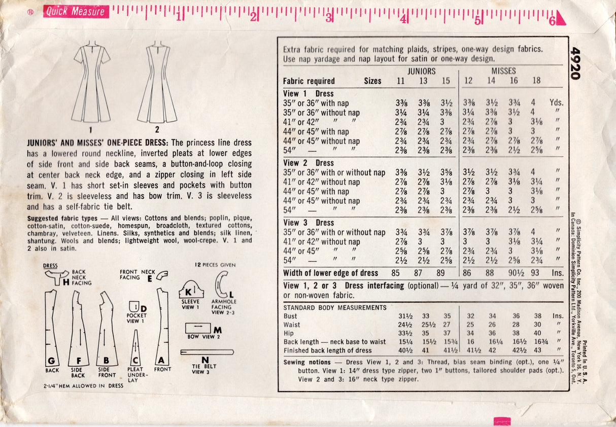 1960's Simplicity Princess Line Dress Pattern with Bow and Pockets - Bust 33" - No. 4920