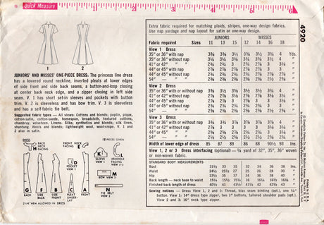 1960's Simplicity Princess Line Dress Pattern with Bow and Pockets - Bust 33" - No. 4920