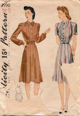 1940's Simplicity Tucked Front Shirtwaist Dress - Bust 38" - No. 3990