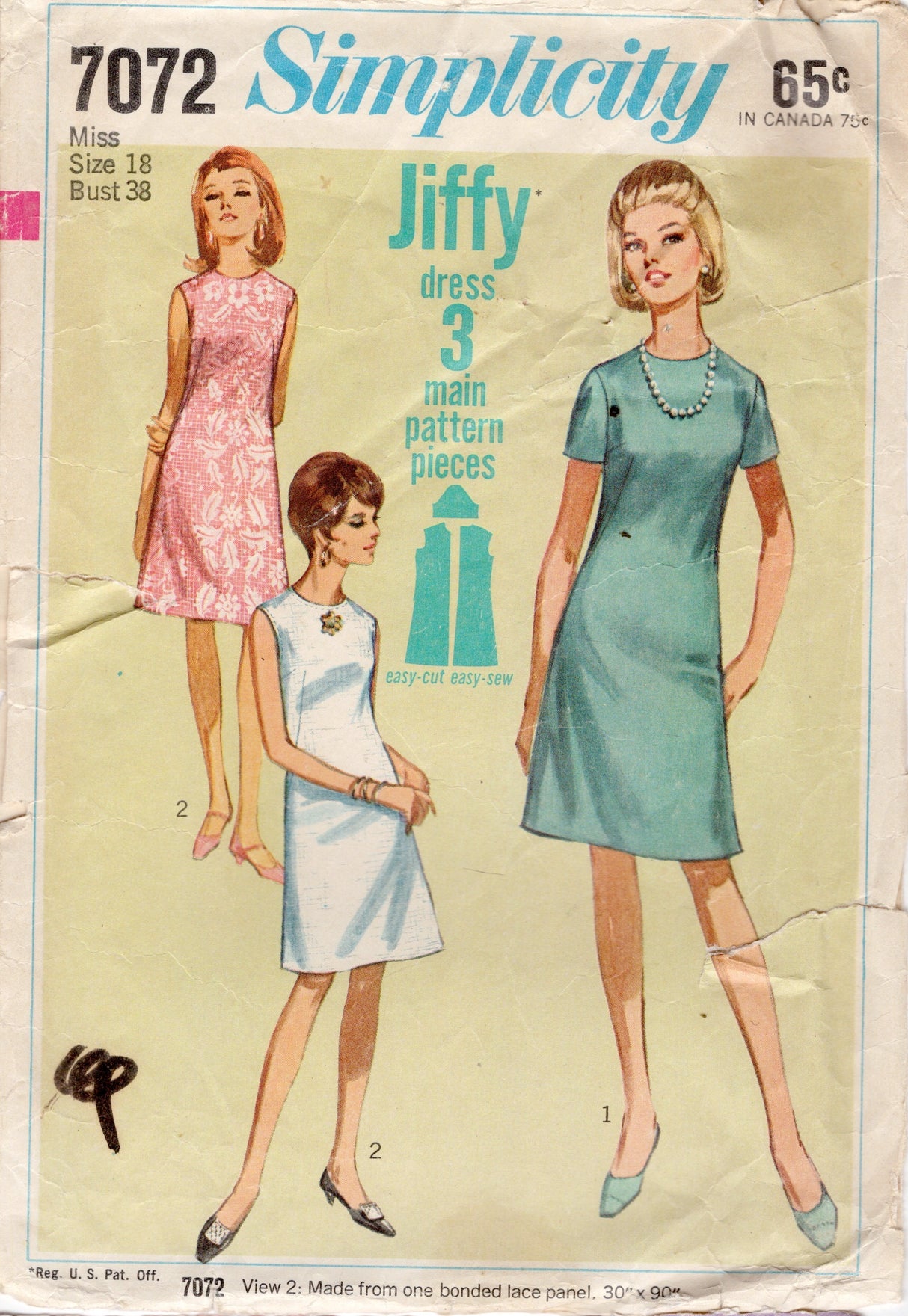 1960's Simplicity JIFFY Dress Pattern - Bust 38" - No. 7072