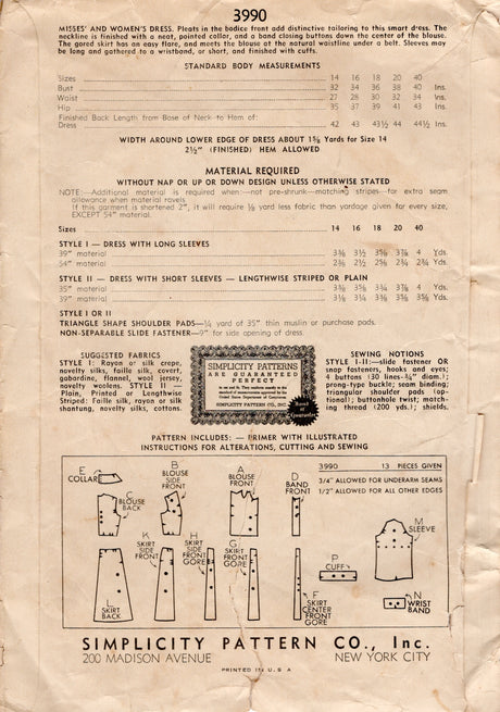 1940's Simplicity Tucked Front Shirtwaist Dress - Bust 38" - No. 3990